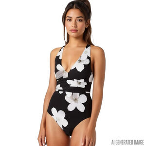Lauren Ralph Lauren Deep V Floral Slimming Black One Piece Swimsuit NWT Size 4